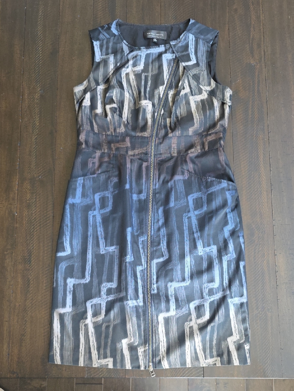 NEW Hilton Hollis Blue Black Geometric Zip Front Sheath Jaquard Dress Sleeveless